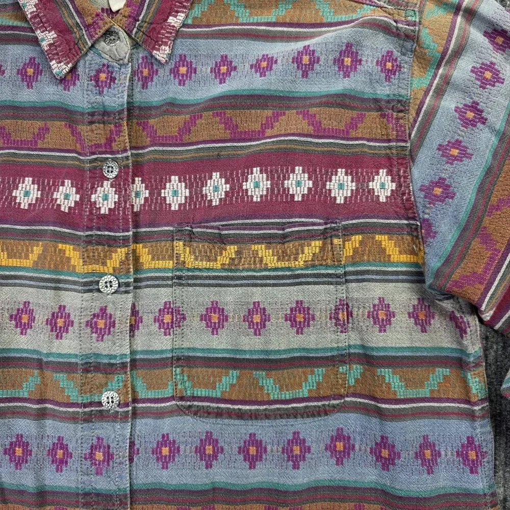 Vintage Southwestern Shirt Womens Medium Red Aztec Stripe 90s Western Cowgirl